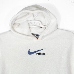 VTG‎ Y2K Nike Fleece Hoodie Womens M Cream Embroidered Swoosh Logo Pullover